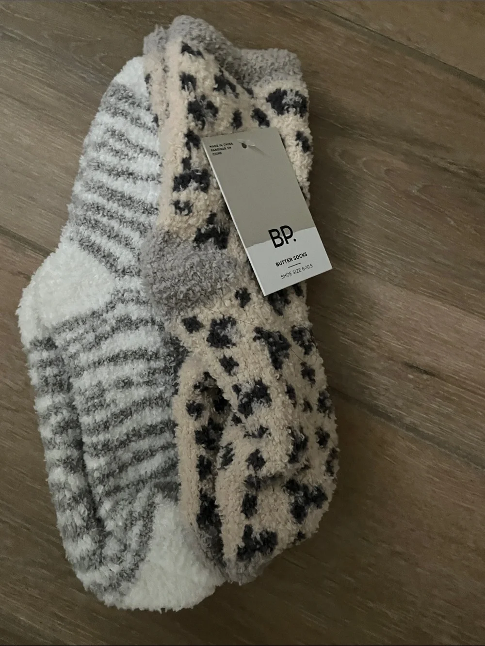 bp Cozy Fuzzy Socks in Beige Leopard and Gray Stripe